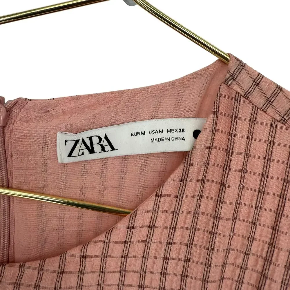 Zara Maxi Dress Micro Plaid Light Pink Puff Sleeve Milk Maid M Boho Tradwife